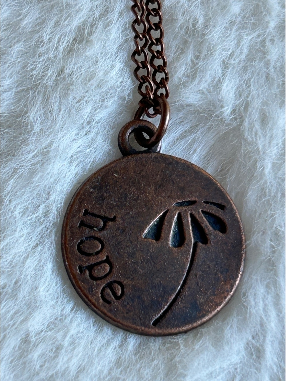 Copper Tone 'Hope' Pendant Necklace with Flower Design